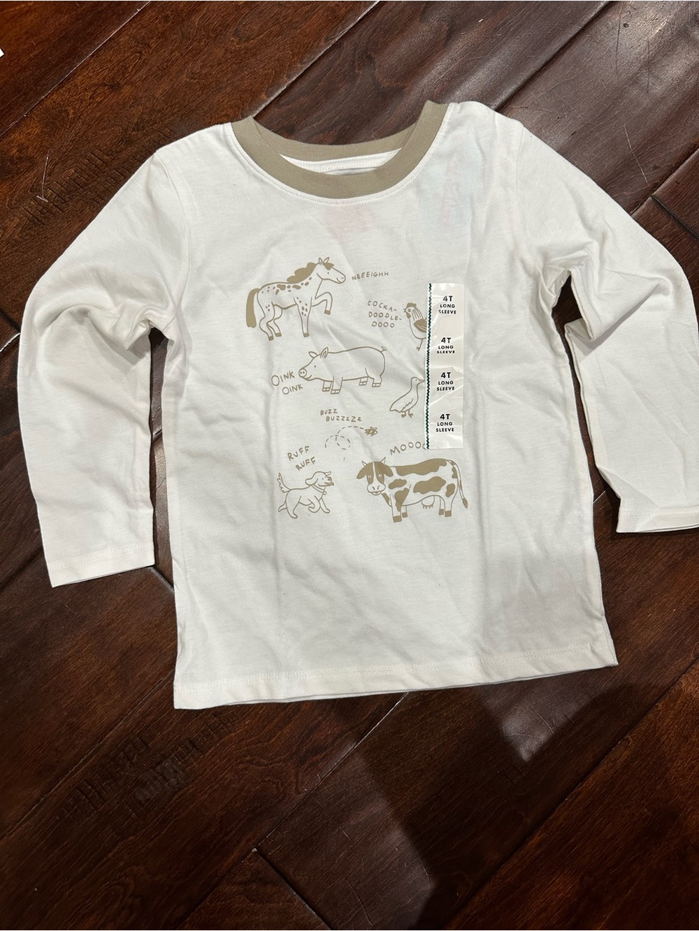 Cat & Jack Cream Long-Sleeve Farm Animal Tee with Tan Neckline
